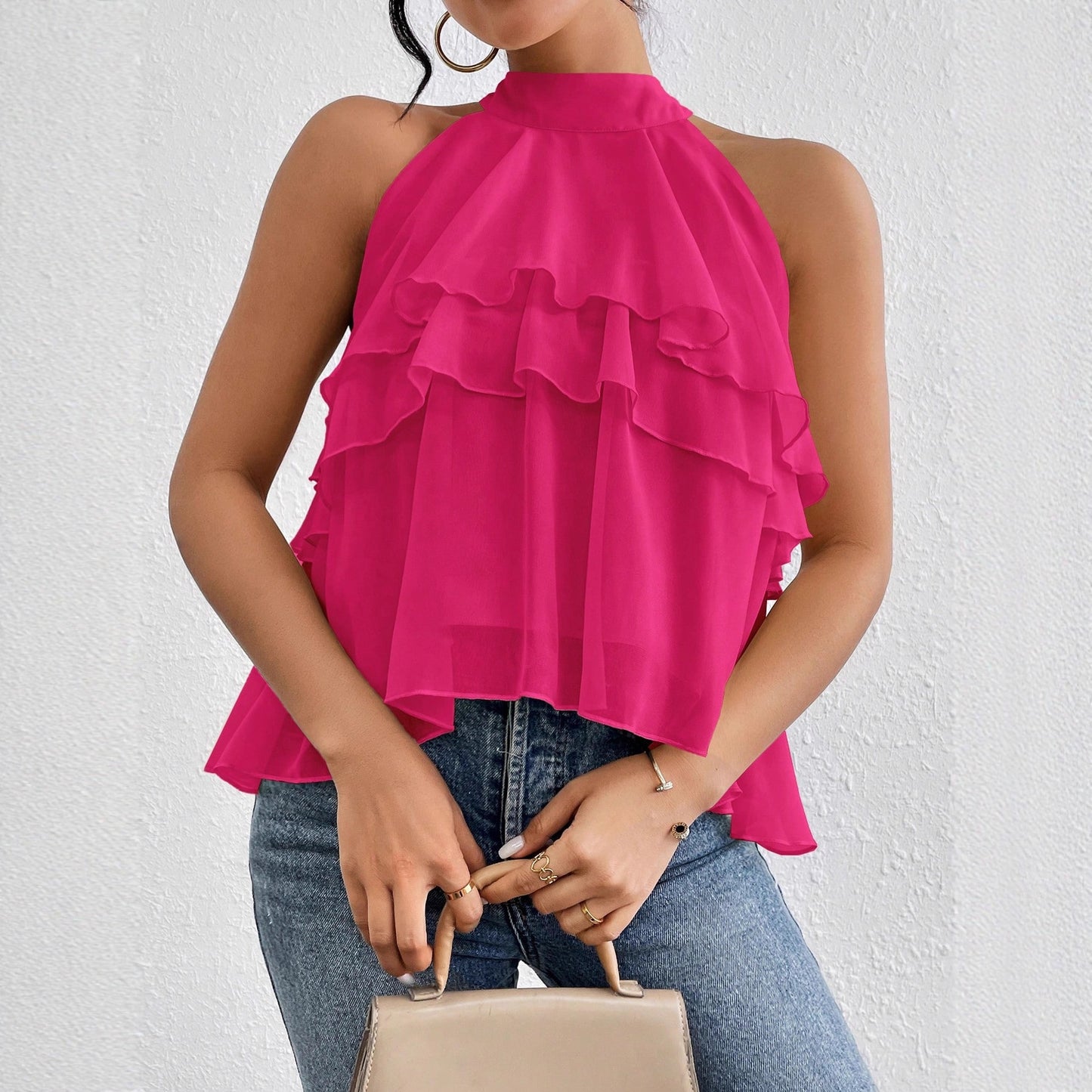 Women's Versatile Solid-color Halter-neck Sleeveless Top With An Irregular Ruffled Hem