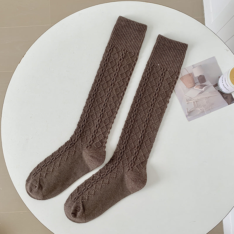 Autumn And Winter Thick Warm Hemp Pattern Solid Color Knee-length Cashmere Socks