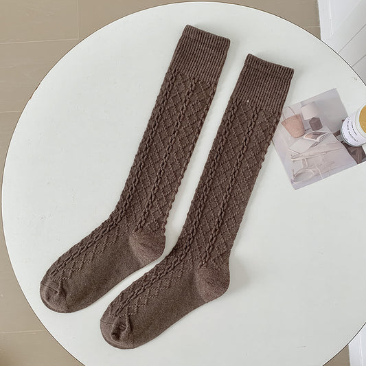 Autumn And Winter Thick Warm Hemp Pattern Solid Color Knee-length Cashmere Socks