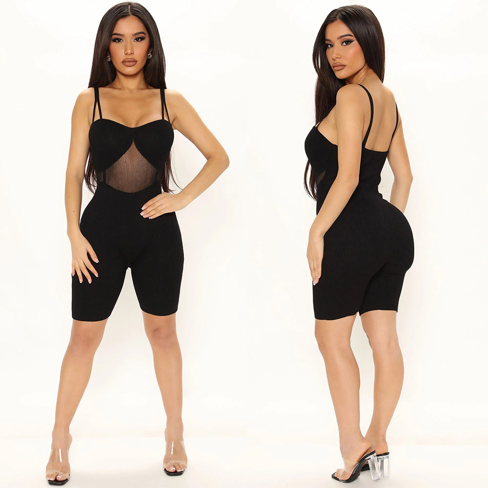 Women's Skinny Mesh Panel Suspender Jumpsuit