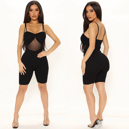 Women's Skinny Mesh Panel Suspender Jumpsuit