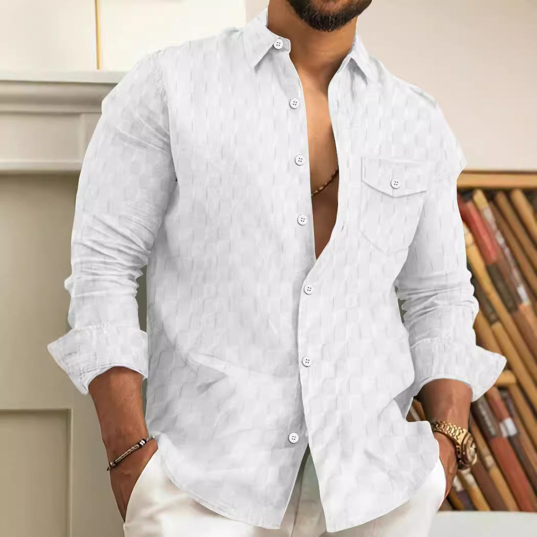 Men's Plaid Jacquard Chest Pocket Lapels Long Sleeve Lapel Shirt