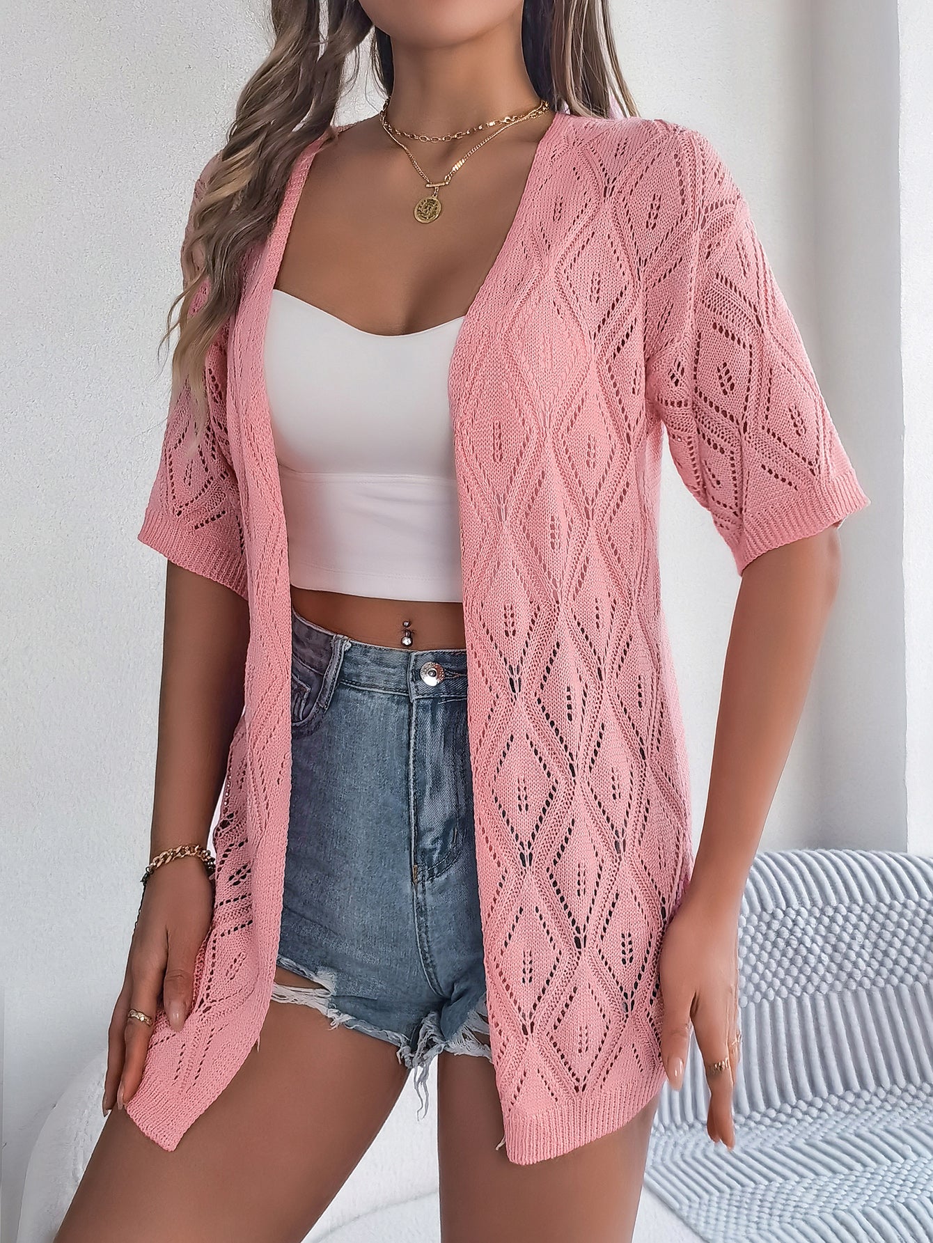 Women S Hollow Out Plaid Short Sleeve Knit Beach Cover-Up