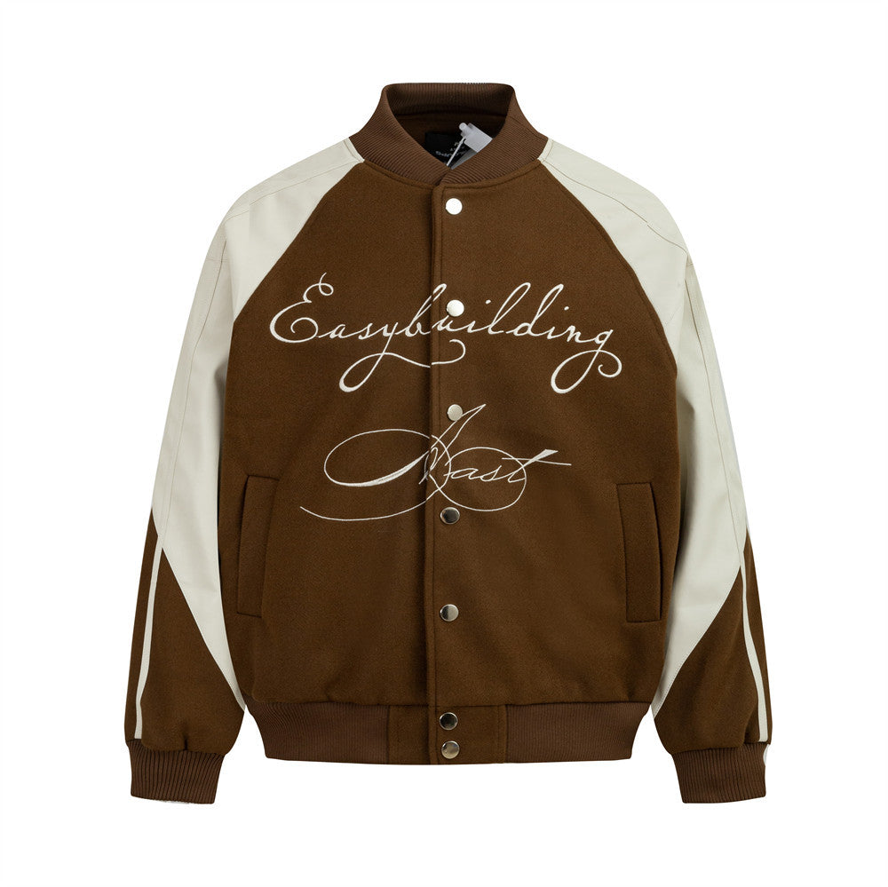 PU Leather Stitching Color Blocking Baseball Uniform Jacket