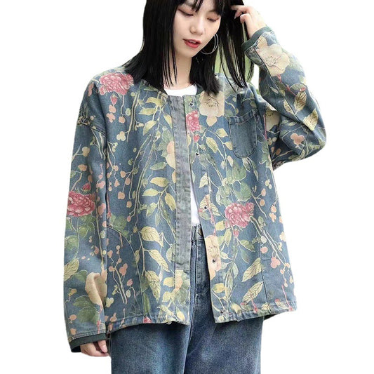 Women's Ethnic Literary Retro Print Denim Jacket