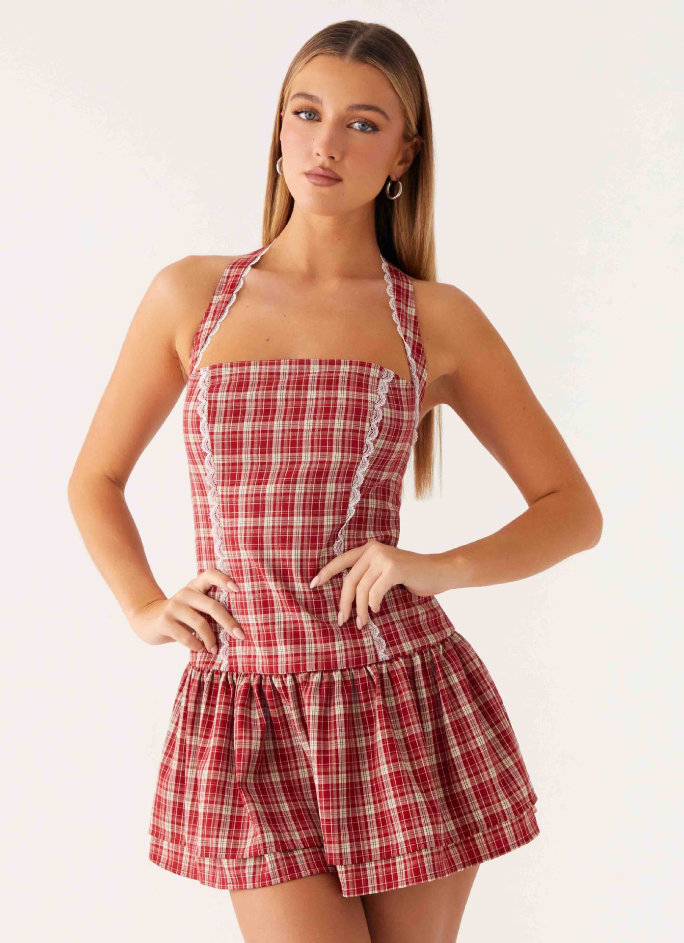 Neck-hanging Ruffled Cake-style Mini Dress With A Lace-trimmed Plaid Design