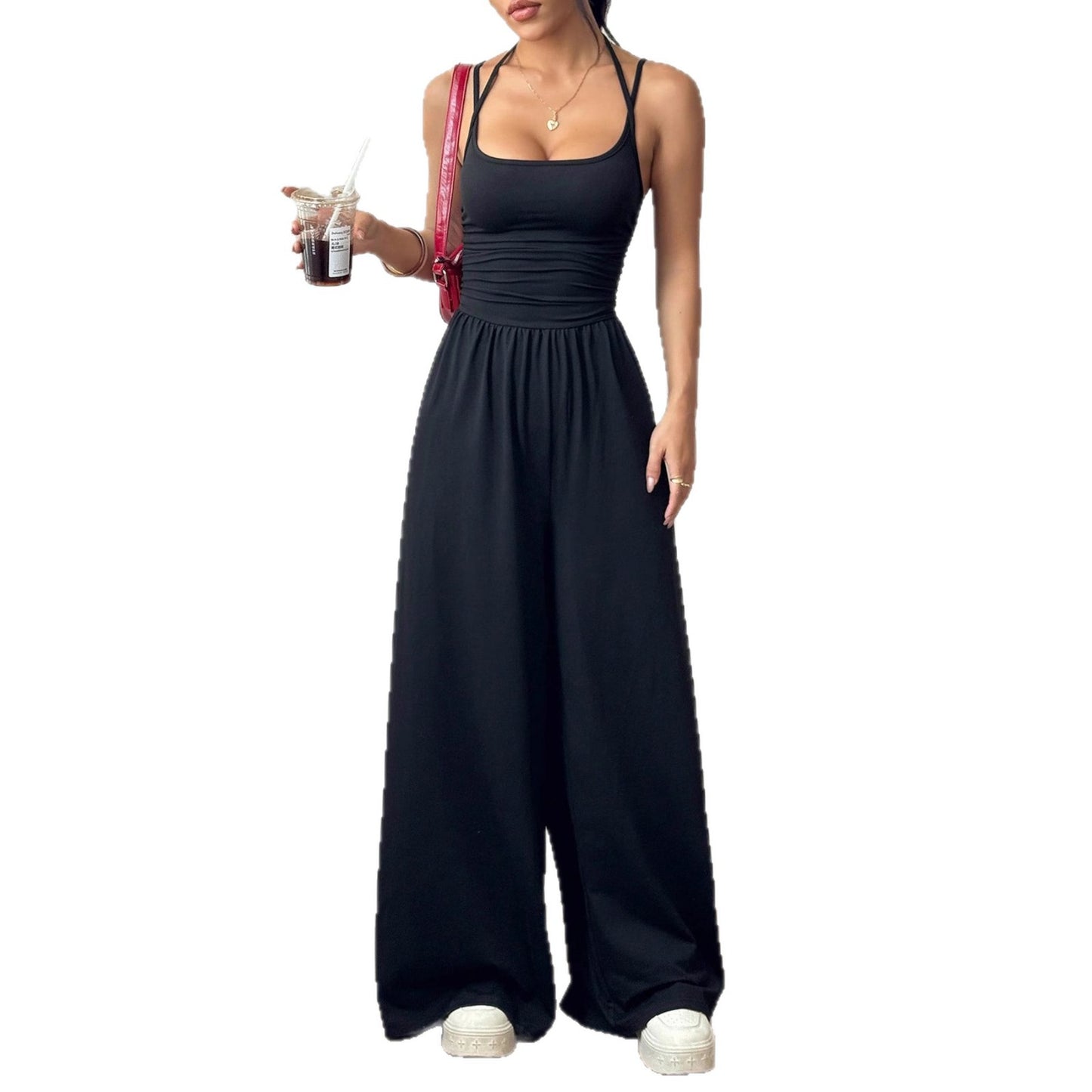 Sort Camisole Jumpsuit med Brede Ben