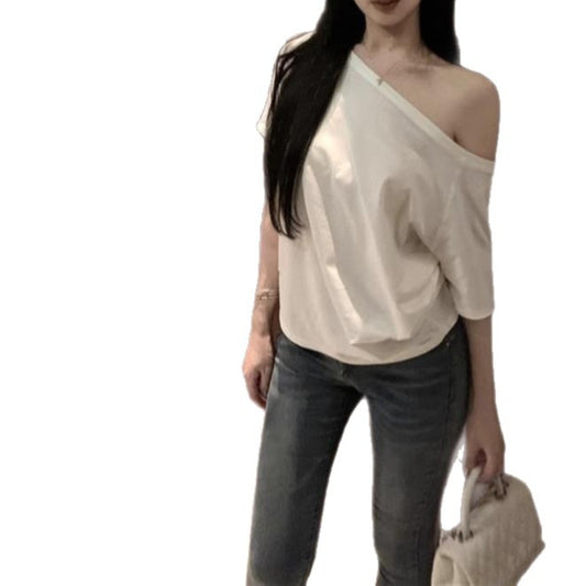 Womens Solid-Color American-Style Retro Off-the-Shoulder Slash-Neck Short-Sleeve Top