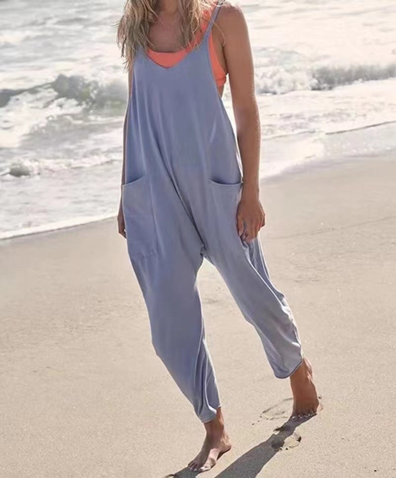 Women's Fashion Simple Large Pockets Strappy Pants