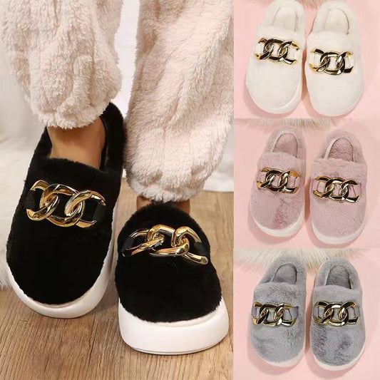 Short Plush Metal Chain Insulated Casual Home Slippers