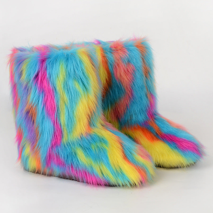 Fashion Multicolor Ladies Outdoor Faux Fur Snow Boots