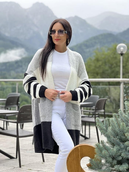 Women's Long Striped Stitching Contrast Sweater Cardigan