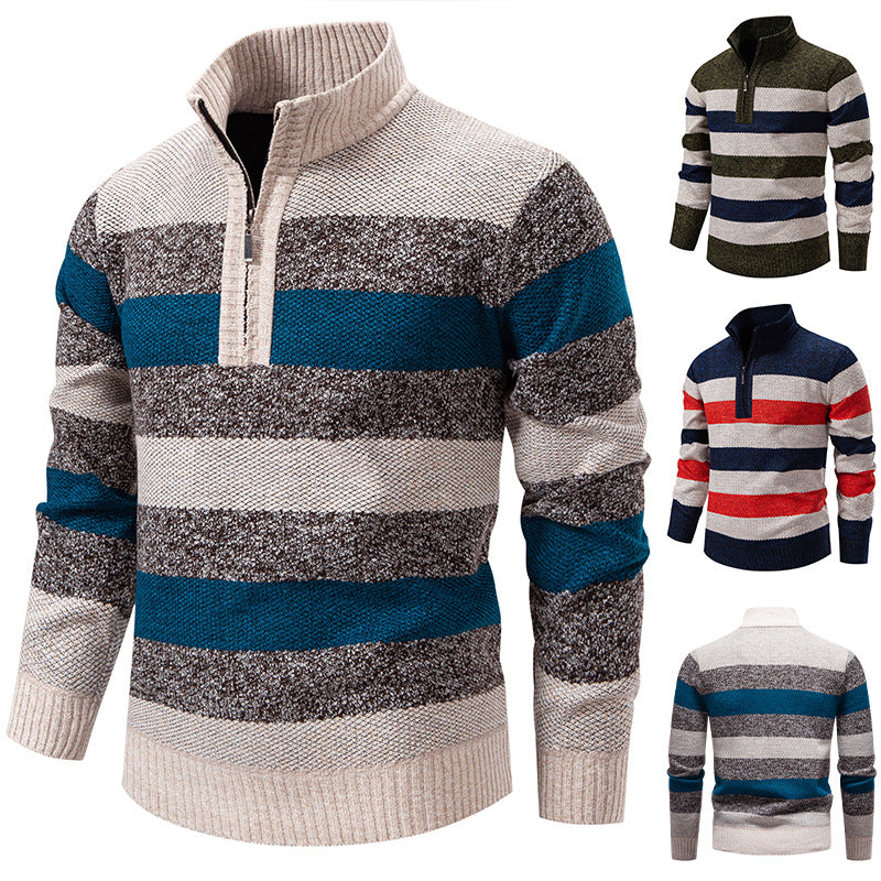 Herre Color-Block Termisk Sweater Med Stand-Up Krave Og Halv Lynlås, Fleeceforet