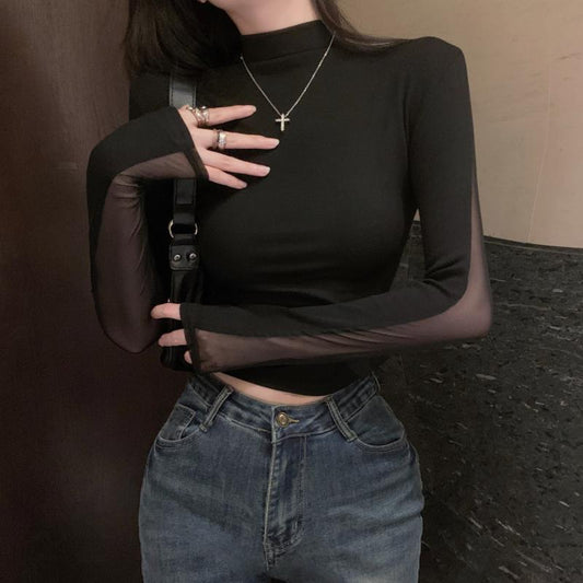 Forår og efterår amerikansk hot girl smart mesh kort syning langærmet