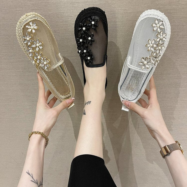 Enkeltsko Dame Fritid Mesh Flad Hæl Flade Rhinestones Rund Tå Slip-on