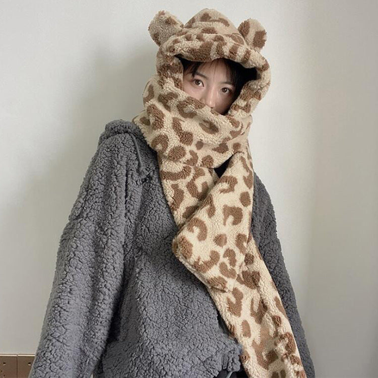 Women's Hat Scarf Integrated Ear Protection Warm Plush Hat