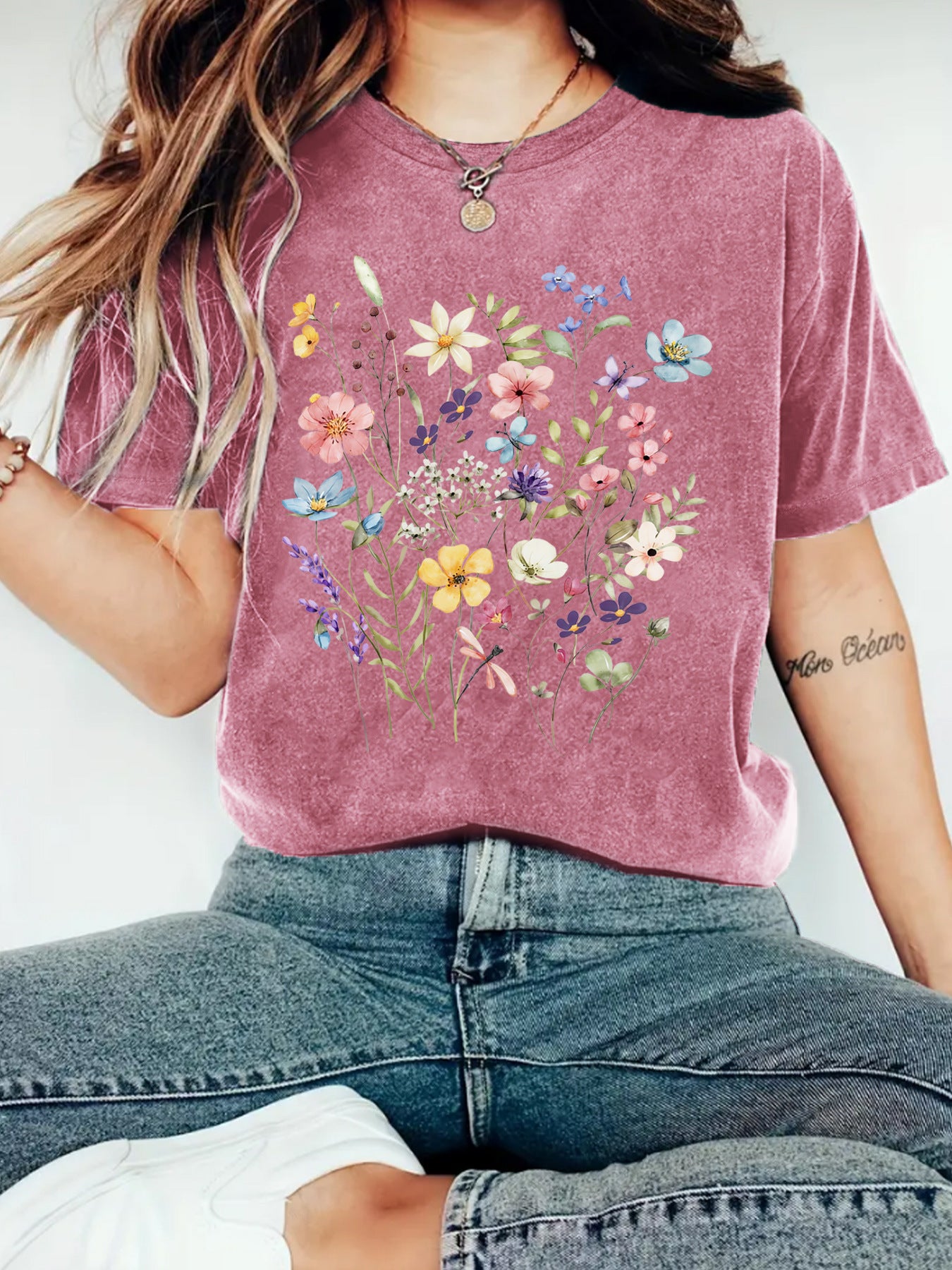 Elegant T-shirt With Floral Print, Women's Short-sleeve