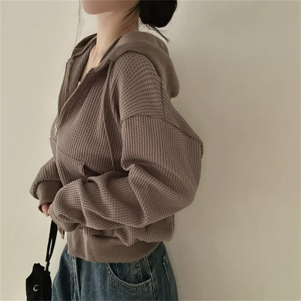 Korean Style Hooded Thin Waffle Sweater