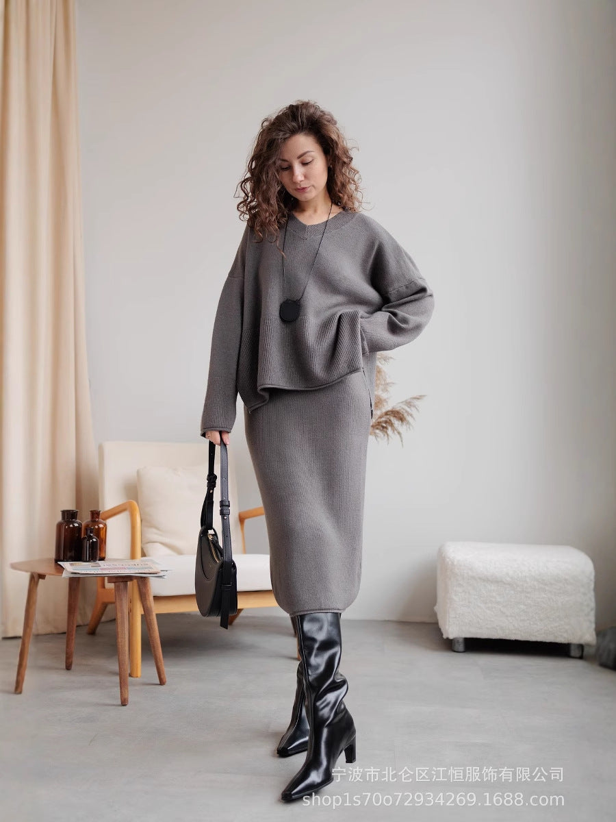 Split Sweater Suit Women's Knitted Blouse Skirt