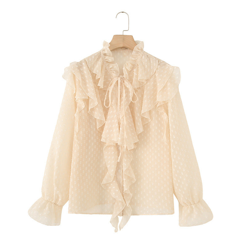 Laminated Decoration French Tulle Long Sleeve Shirt