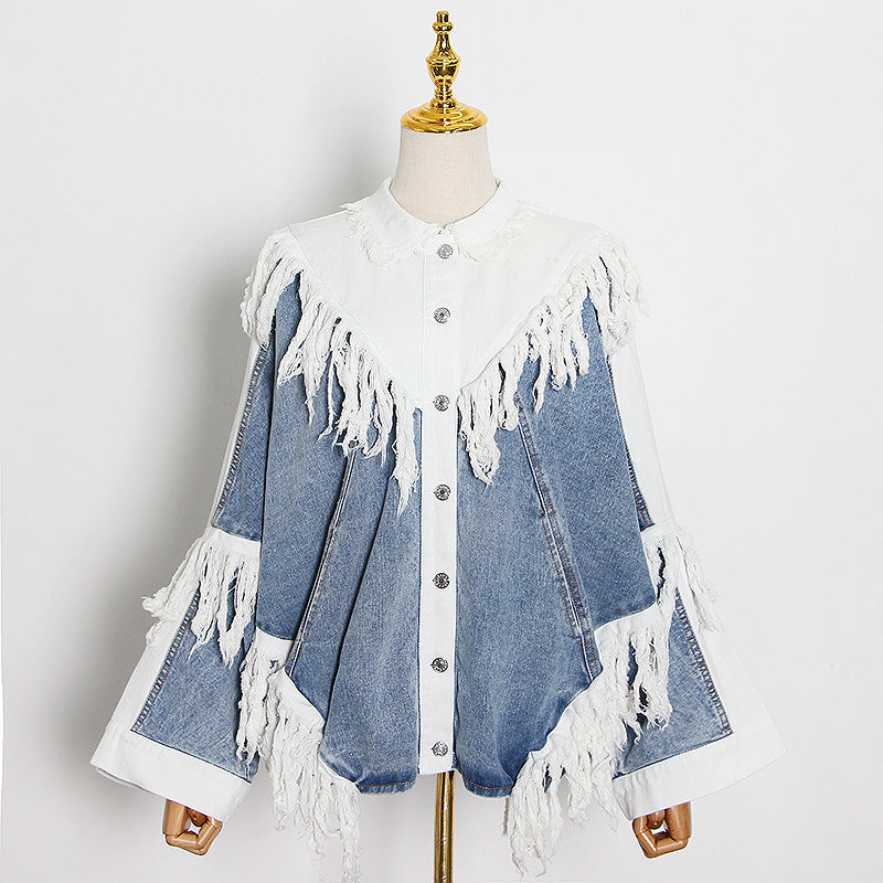 Black And White Stitching Tassel Single-breasted Design Loose Denim Jacket
