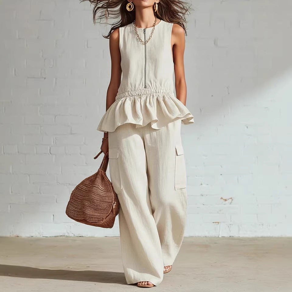 Summer Sleeveless Pleated Tank Top And Wide Leg Pants Set For Women