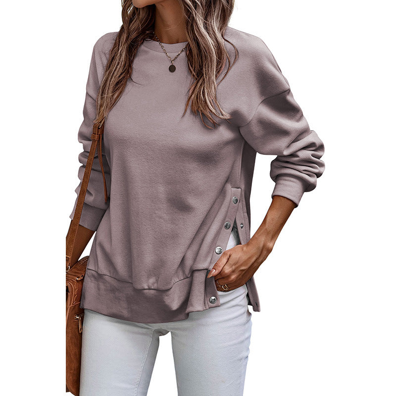 Solid Color Pullover Women's European And American Leisure Style Slit Loose Flab Hiding Long Sleeve Bathroom
