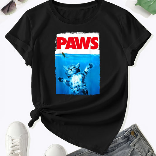 Cat-print Crew-neck T-shirt Casual Short-sleeve Top For Spring