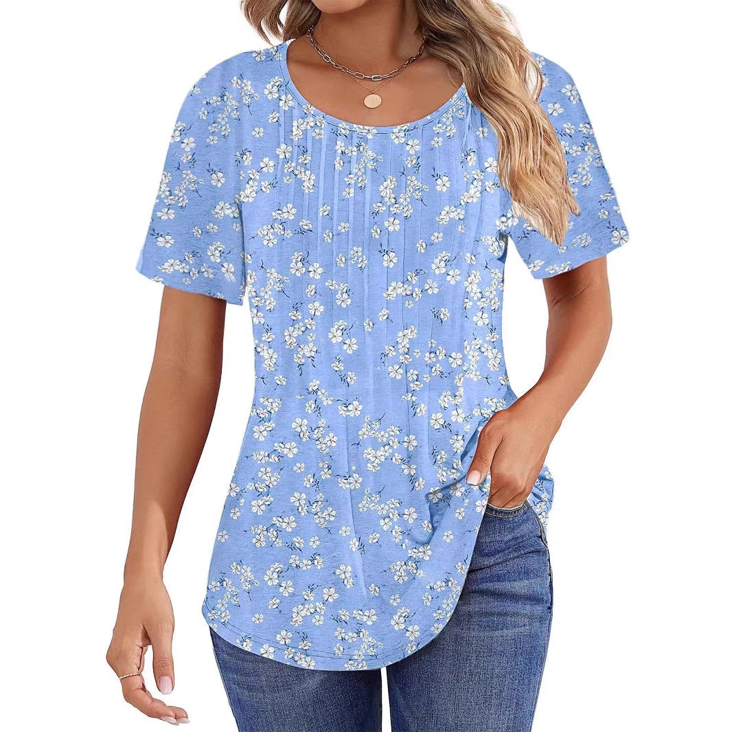 Round Neck Pleated Printed T-shirt