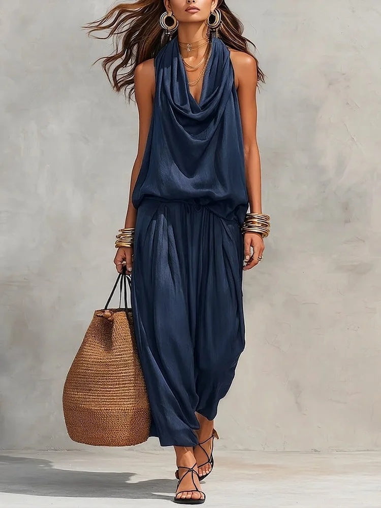 Womens Draped-Neck Vest And Casual Pants Set