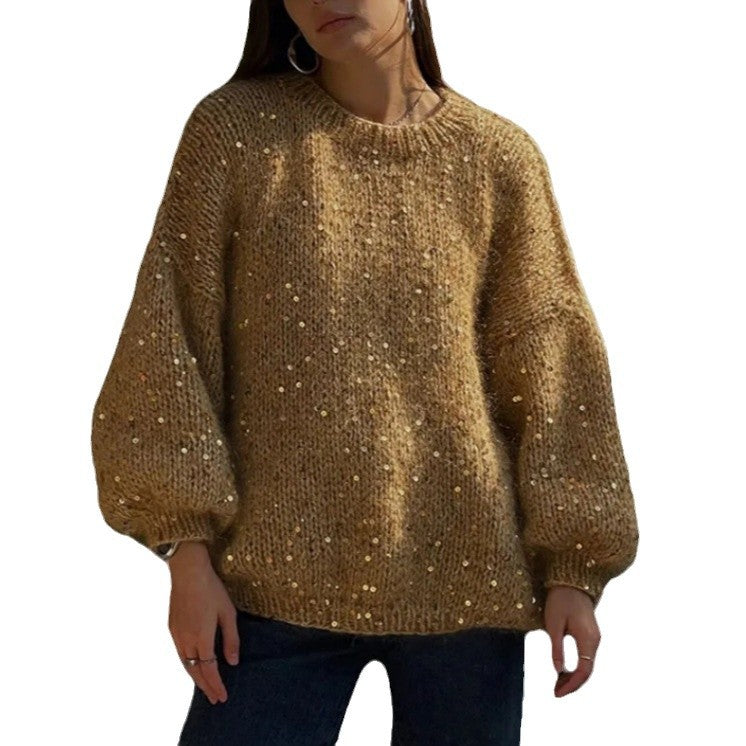 European And American Loose Round Neck Fashion Sequined Mohair Sweater Lantern Sleeve
