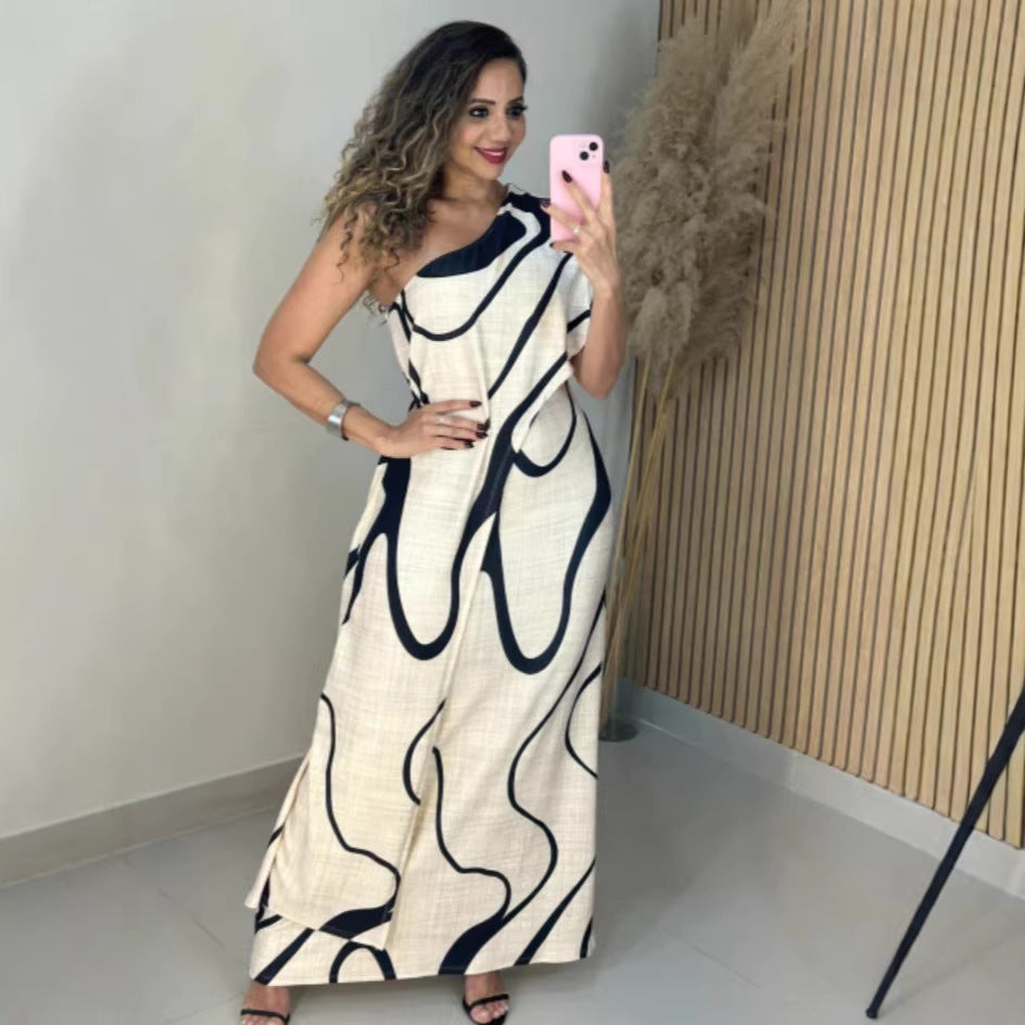 Printed Off-shoulder Chic And Elegant Figure-hugging Maxi Dress