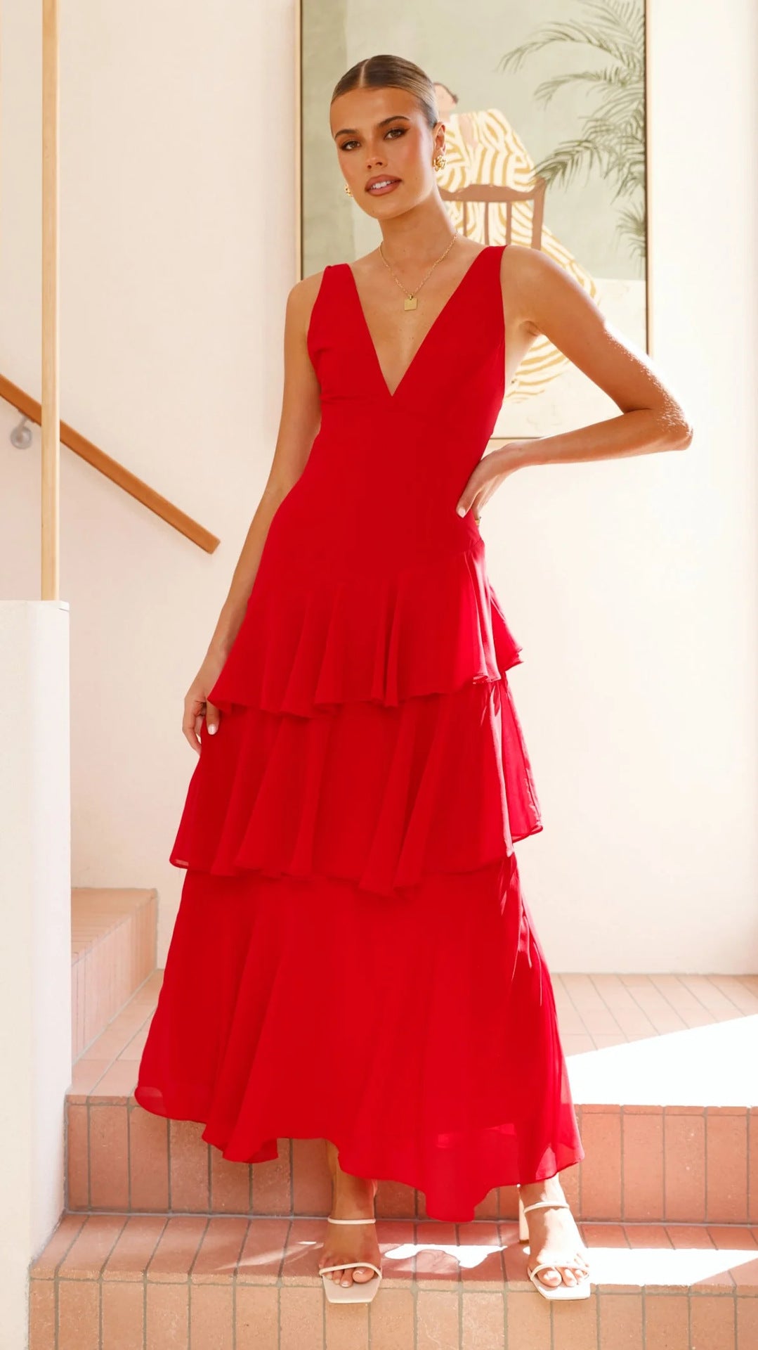 V-neck Solid Color Cake Splicing Long Backless Lace Up Dress