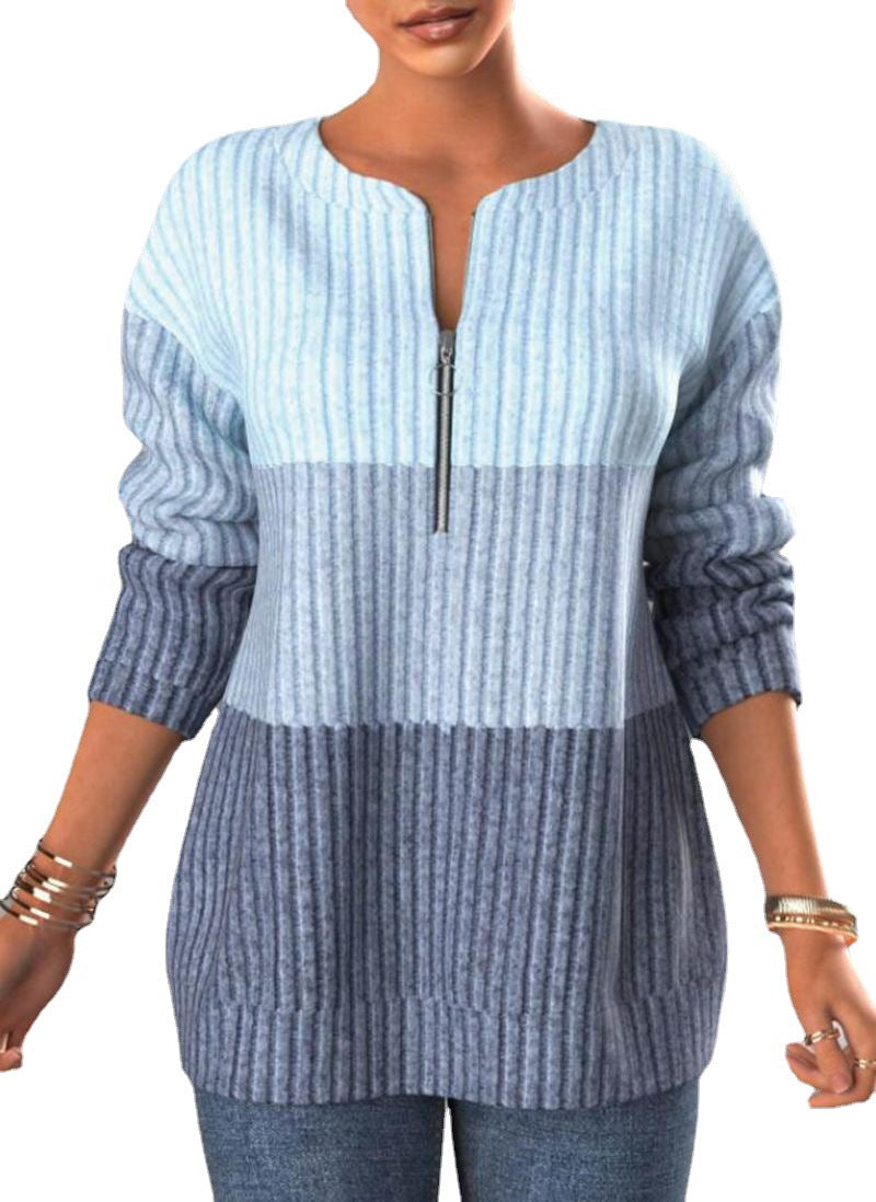 Zipper Contrast Panel Standing Neck Long Sleeve