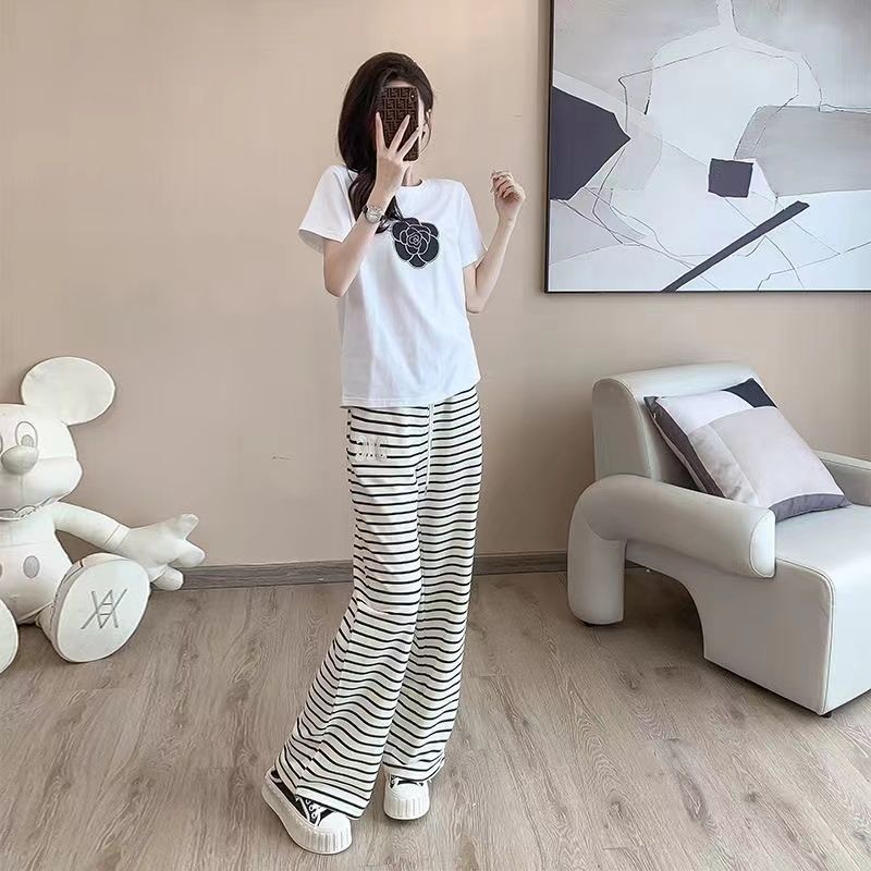 New Korean-style Casual Camellia-print Pure Cotton Short-sleeve T-shirt Set