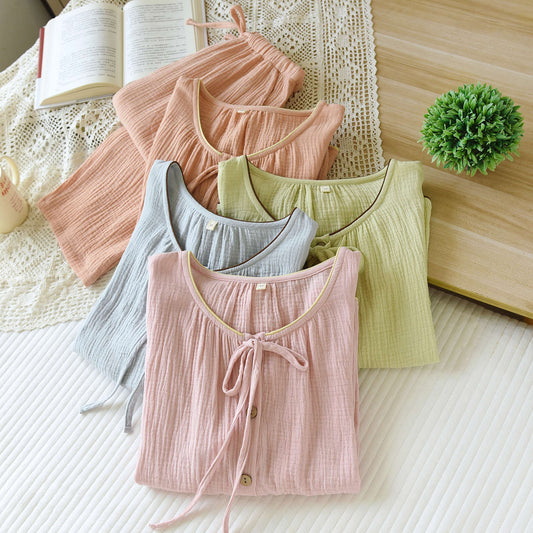 Women's Candy-colored Crepe Corded Round Neck Pajamas Suit