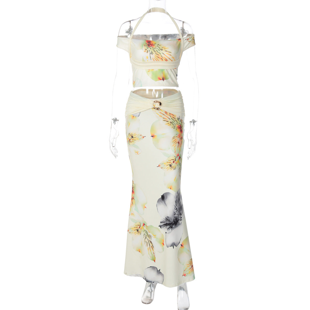 Sexy Backless Halter Top Slim-fit Printed Dress Two-piece Set