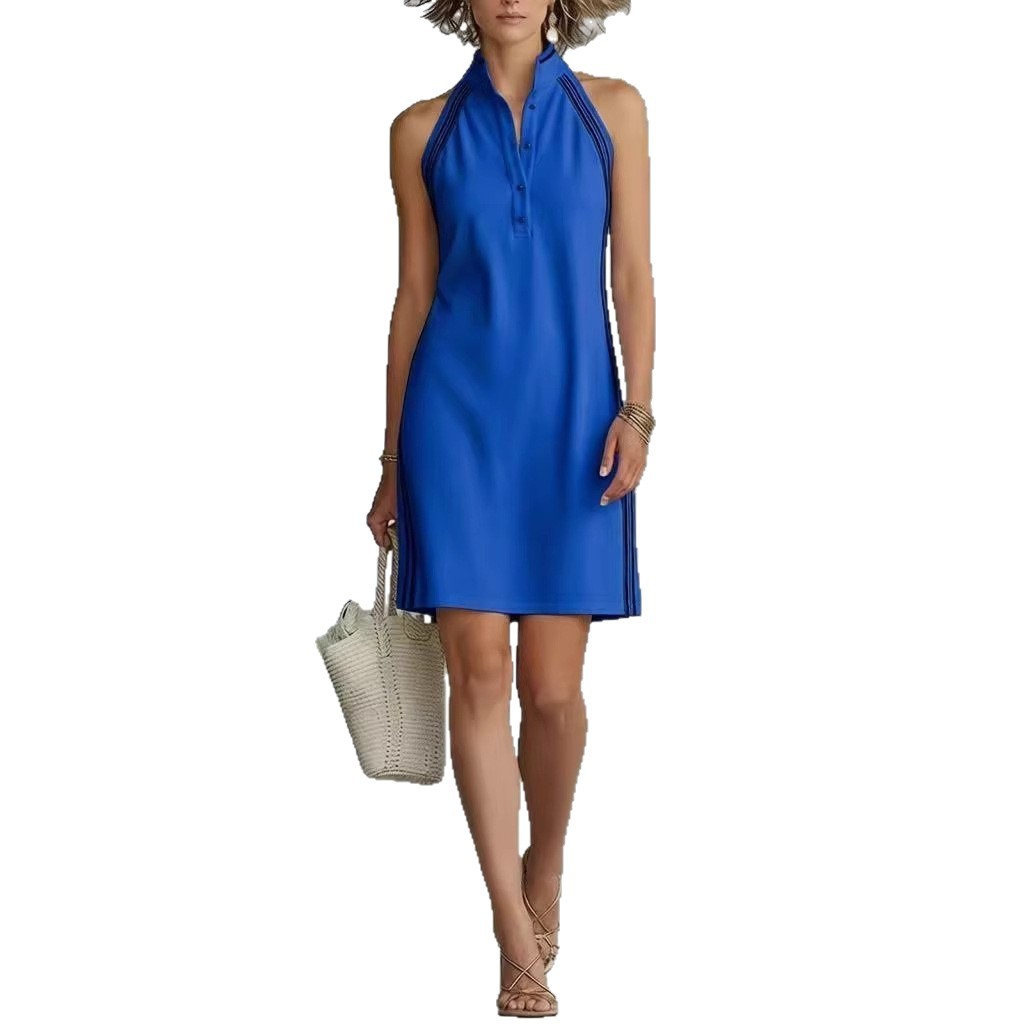 Solid-color Sleeveless Button-up Collar Dress