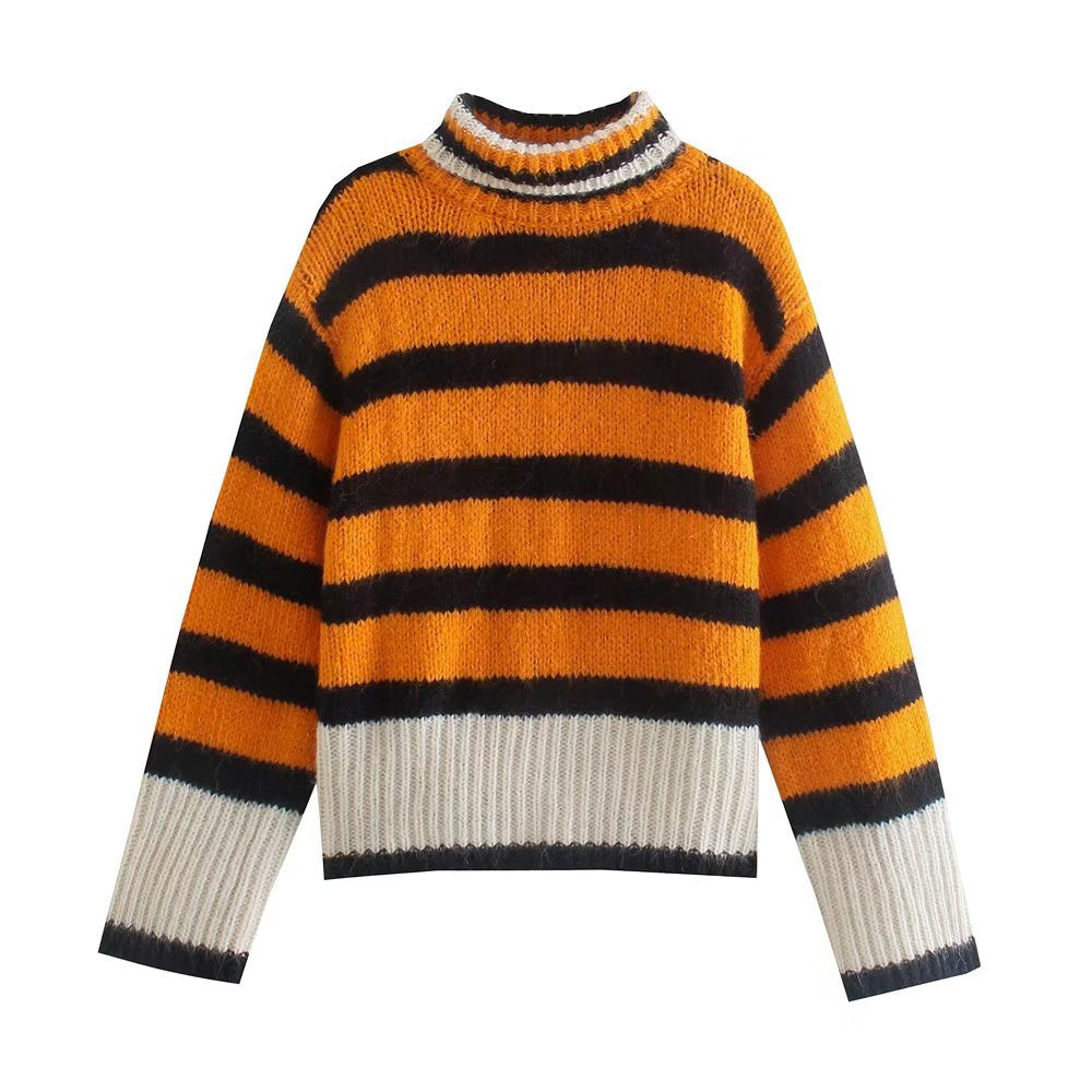 Half Turtleneck Contrast Color Striped Sweater