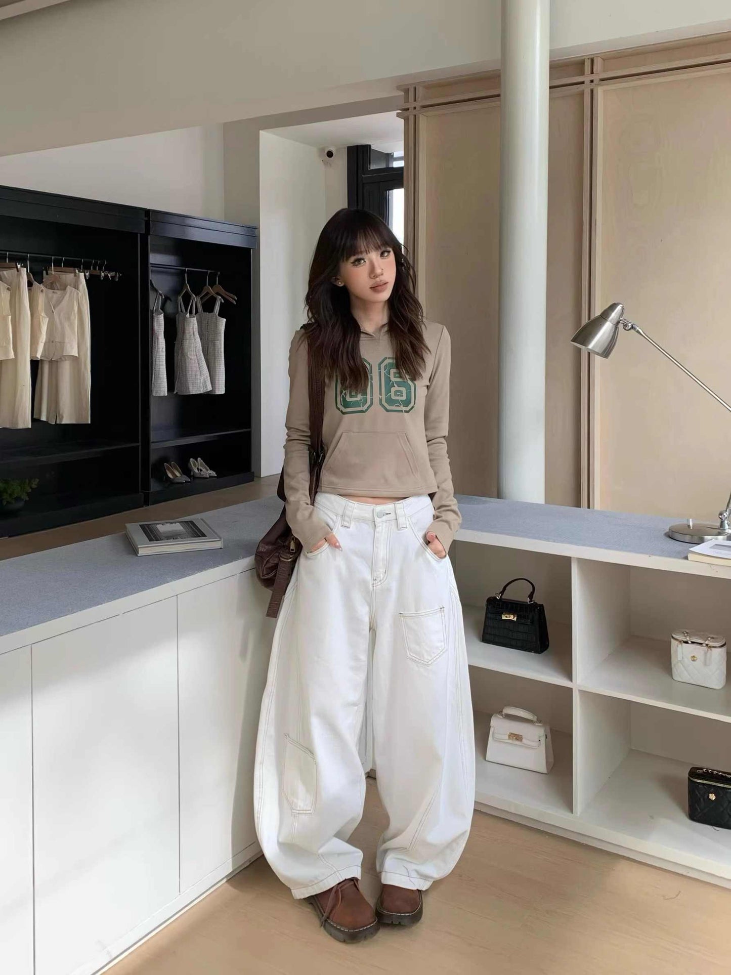 Women's Retro White Wide-leg Jeans