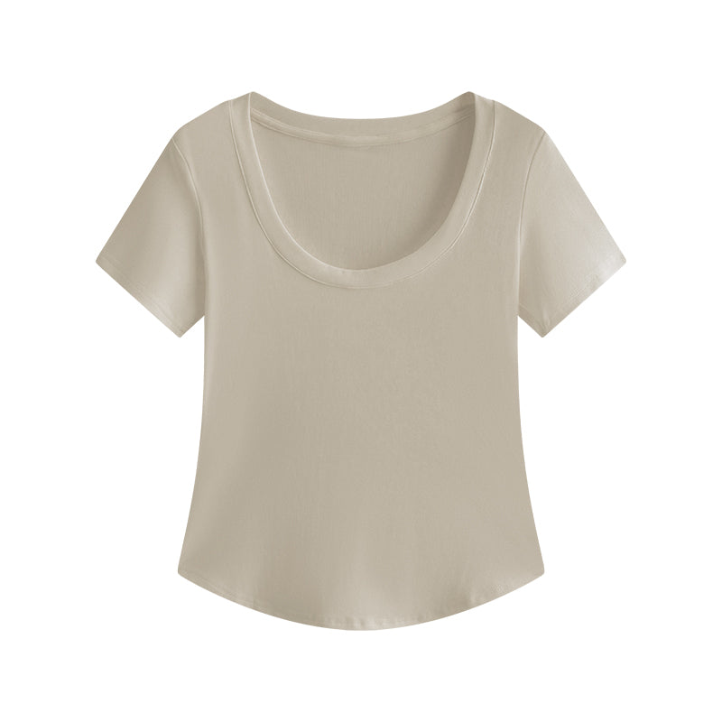 Slightly Chubby Mm Front Shoulder Slim Fit And Slimming Large U-neck Short Sleeved Shirt