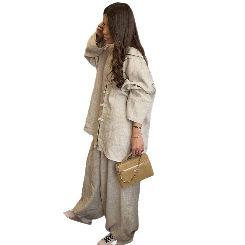 Casual Elevated Relaxed-fit Long-sleeve Shirt And Wide-leg Trousers Set