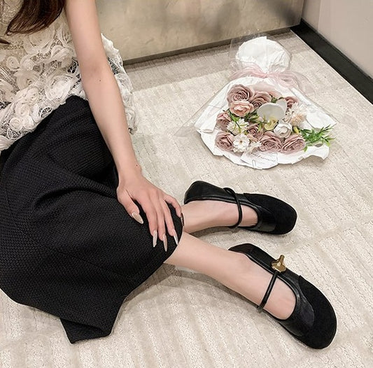 Fashion French Style Gentle Late-Wind Shoes, One-Strap Splicing Round Toe Hidden Wedge Mary Jane Ballet Flats
