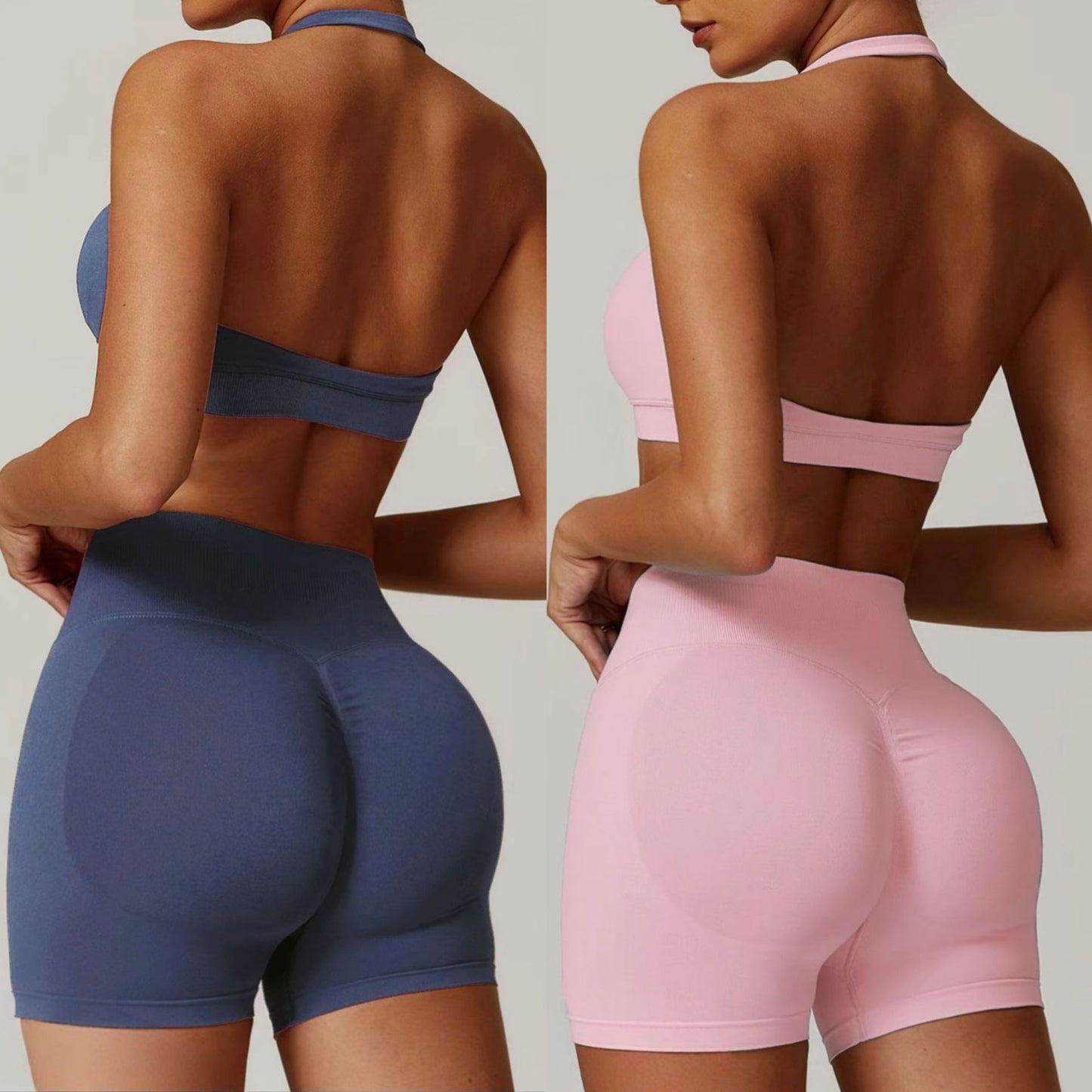 Silk Halter Bra And Peach-butt Shorts Yoga Set