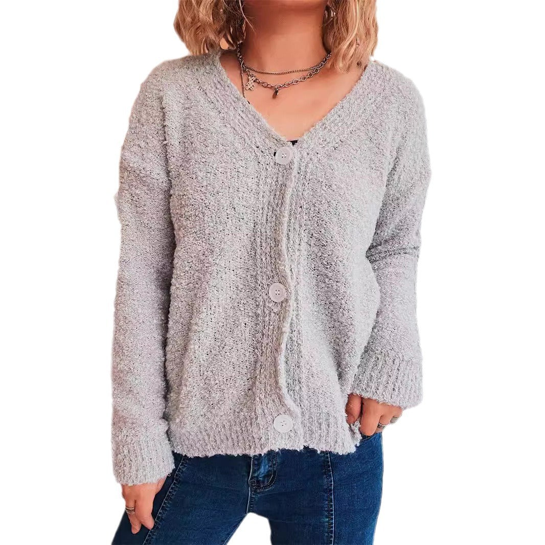 Solid Color And V-neck Single-breasted Long Sleeve Seersucker Knitted Cardigan Coat For Women