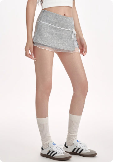 Gray Midi Skirt With Patchwork Lace Trim For Women, Summer