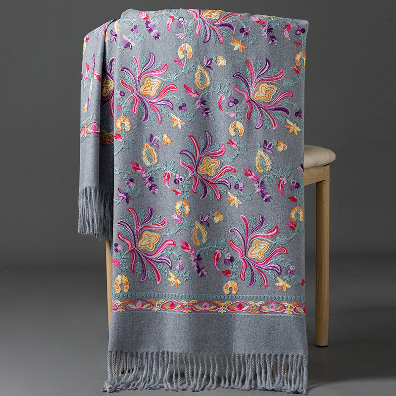 Thickened Tibetan-Nepalese Embroidered Cashmere-Style Scarf For Winter