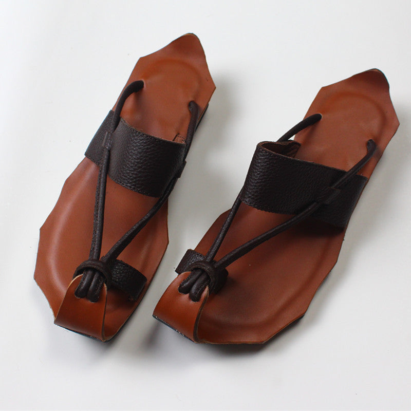Women's Literary Handmade Leather Large Size Sandals And Slippers