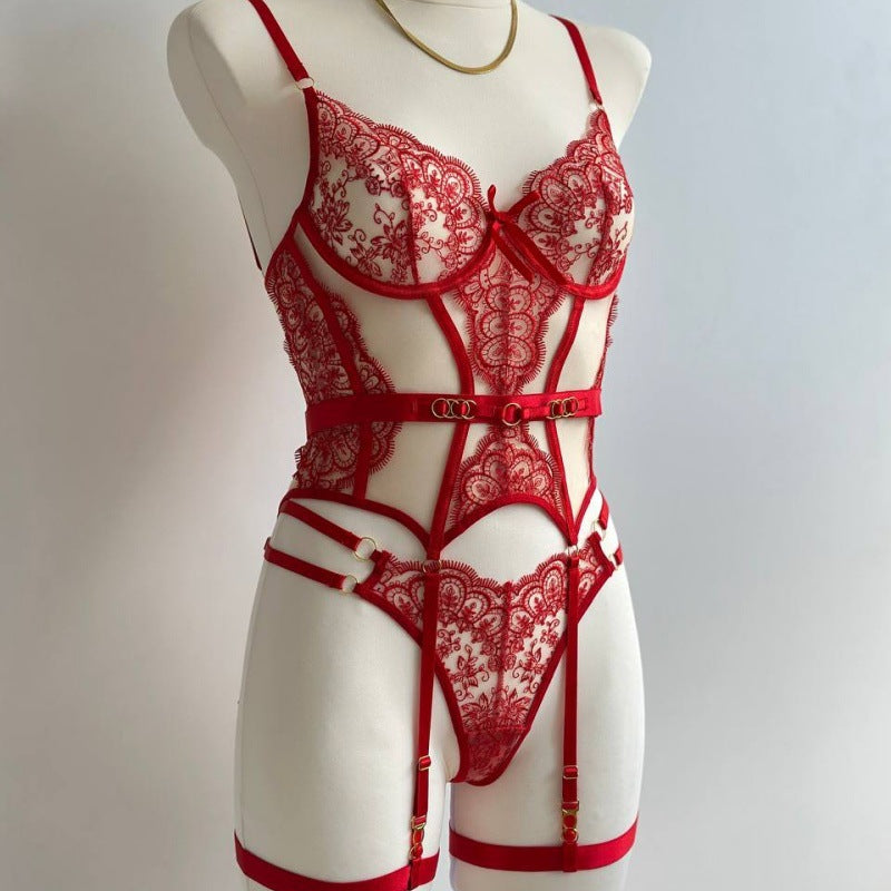 Red Lace Hollow-Out Sheer 3-Piece Lingerie Set