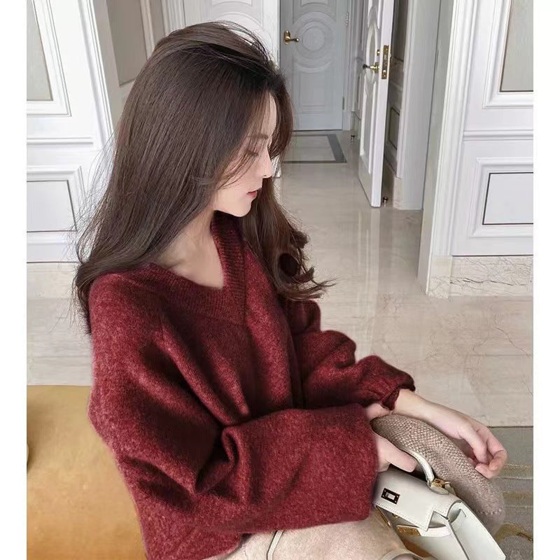 Female Pure Color All-matching Loose V-neck Sweater